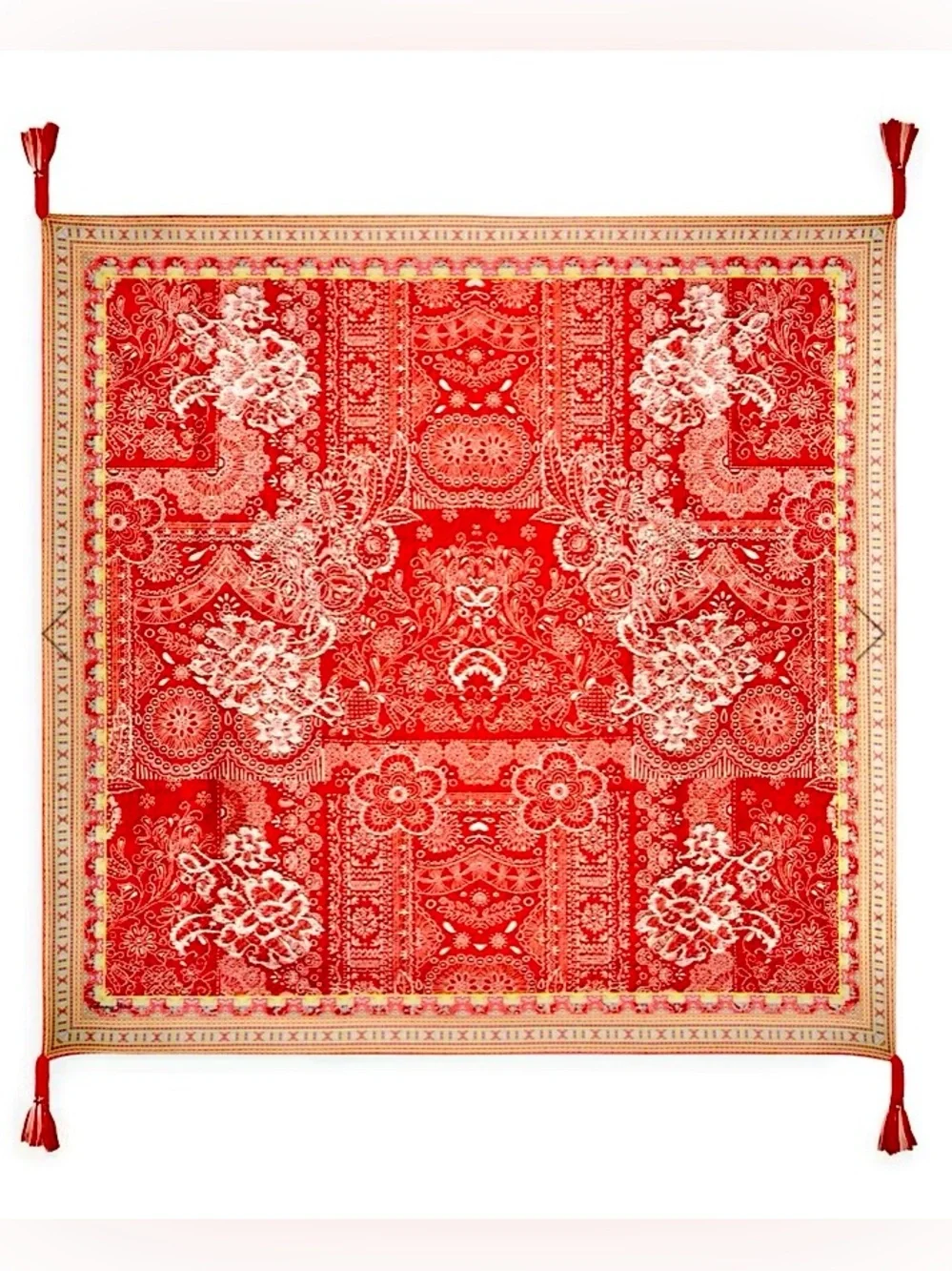 NEW Johnny Was Red Lace Silk Scarf Braided Tassels Red Cream Large 44